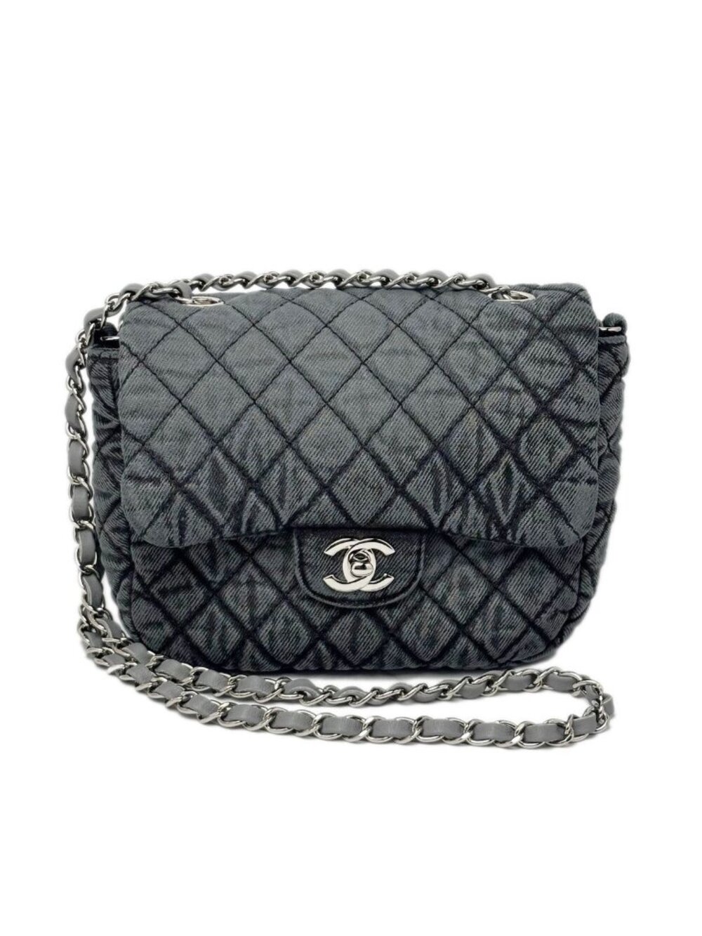 Chanel Bag Quilted Chain Shoulder Washed Denim Black Gray Silver